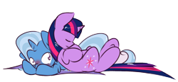 Size: 1408x655 | Tagged: safe, artist:kryptchild, derpibooru import, edit, trixie, twilight sparkle, pony, unicorn, convenient trixie, female, inconvenient trixie, lesbian, shipping, simple background, transparent background, twixie, vector