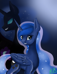 Size: 2834x3685 | Tagged: safe, artist:rimmes-broose, nightmare moon, princess luna, alicorn, pony, duality, fluffy, grin, shadow, smiling, solo