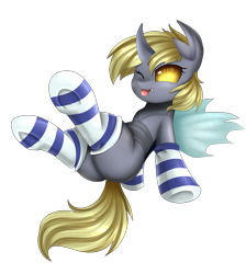 Size: 2550x2850 | Tagged: safe, artist:pridark, oc, oc only, changeling, changeling oc, clothes, commission, cute, female, looking at you, ocbetes, one eye closed, plot, simple background, smiling, socks, stockings, striped socks, thigh highs, tongue out, transparent background, wink, ych result, yellow changeling