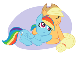 Size: 800x602 | Tagged: safe, applejack, rainbow dash, earth pony, pegasus, pony, appledash, colored, female, hug, lesbian, shipping