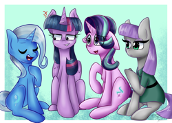 Size: 2800x2000 | Tagged: safe, artist:yoshiyoshi700, derpibooru import, boulder (pet), maud pie, starlight glimmer, trixie, twilight sparkle, twilight sparkle (alicorn), alicorn, earth pony, pony, unicorn, blue background, cross-popping veins, female, group shot, hoof on chest, mare, signature, sitting, starry eyes, wingding eyes