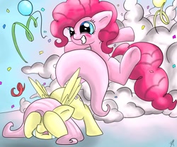 Size: 1200x1000 | Tagged: safe, artist:tesslashy, fluttershy, pinkie pie, earth pony, pegasus, pony, confetti, explosion, scared