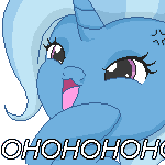 Size: 150x150 | Tagged: safe, artist:jdan-s, derpibooru import, edit, trixie, pony, unicorn, animated, cropped, gif, laughing, noblewoman's laugh, reaction image, solo, text