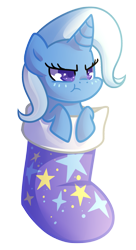 Size: 903x1658 | Tagged: safe, artist:drawntildawn, derpibooru import, trixie, pony, unicorn, :t, christmas stocking, cute, diatrixes, female, frown, glare, grumpy, mare, simple background, solo, transparent background, unamused