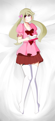 Size: 4000x8800 | Tagged: safe, artist:fullmetalpikmin, oc, oc only, oc:cherry blossom, human, absurd resolution, amputee, blushing, body pillow, body pillow design, bow, clothes, congenital amputee, female, hair bow, humanized, humanized oc, on back, pigtails, prosthetic limb, prosthetics, socks, solo, thigh highs, tissue box, twintails, zettai ryouiki