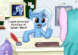 Size: 1280x913 | Tagged: safe, artist:sheeppony, derpibooru import, edit, trixie, desk, guidance counselor, inkwell, j. jonah jameson, meme, quill, speech bubble, spider-man, starlight's office, text