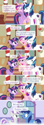 Size: 760x2160 | Tagged: safe, artist:dm29, night light, princess cadance, shining armor, twilight sparkle, twilight sparkle (alicorn), twilight velvet, alicorn, pony, unicorn, the one where pinkie pie knows, auntie twilight, comic, dialogue, episodes from the crystal empire, female, grammar error, hug, mare, plot, speech bubble