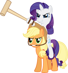 Size: 2972x3197 | Tagged: safe, artist:crunchnugget, applejack, rarity, earth pony, pony, unicorn, bridle, high res, polo, ponies riding ponies, riding, simple background