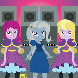 Size: 535x536 | Tagged: safe, artist:promisecoconut15, derpibooru import, fuchsia blush, lavender lace, trixie, equestria girls, rainbow rocks, background human, female, trixie and the illusions