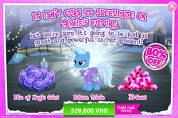 Size: 1554x1030 | Tagged: safe, derpibooru import, trixie, pony, unicorn, the last problem, advertisement, clothes, coin, costs real money, crack is cheaper, female, gameloft, gem, magic coins, mare, official, older, older trixie, solo