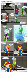 Size: 1344x3539 | Tagged: safe, artist:icesticker, derpibooru import, sunset shimmer, trixie, human, comic, elf ears, humanized, master sword, parody, the legend of zelda, the legend of zelda: ocarina of time