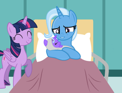 Size: 1126x862 | Tagged: safe, artist:themexicanpunisher, derpibooru import, trixie, twilight sparkle, twilight sparkle (alicorn), oc, alicorn, pony, baby, baby pony, base used, bed, family, female, hospital bed, lesbian, magical lesbian spawn, newborn, offspring, parent:trixie, parent:twilight sparkle, parents:twixie, shipping, twixie