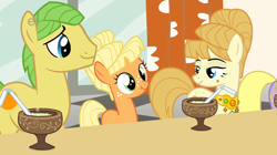 Size: 1280x719 | Tagged: safe, screencap, applejack, aunt orange, uncle orange, earth pony, pony, cute, filly, lidded eyes, nose wrinkle, scrunchy face, smiling, wide eyes