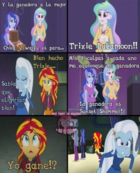 Size: 774x960 | Tagged: safe, derpibooru import, princess celestia, princess luna, principal celestia, sunset shimmer, trixie, equestria girls, rainbow rocks, comic, meme, spanish, translated in the comments