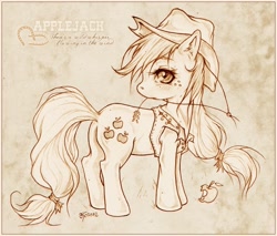 Size: 812x692 | Tagged: safe, artist:nauticca, artist:o-kamii, applejack, earth pony, pony, looking back, monochrome, solo