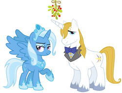 Size: 2092x1595 | Tagged: safe, artist:strawberry-pannycake, derpibooru import, prince blueblood, trixie, alicorn, pony, unicorn, alicornified, bluetrix, christmas, female, holiday, jewelry, male, mistleholly, mistletoe meme, princess, race swap, regalia, shipping, straight, trixiecorn