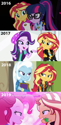 Size: 1696x3488 | Tagged: safe, derpibooru import, edit, edited screencap, screencap, pinkie pie, sci-twi, starlight glimmer, sunset shimmer, trixie, twilight sparkle, better together, equestria girls, forgotten friendship, legend of everfree, mirror magic, sunset's backstage pass!, spoiler:eqg specials, collage, progression, sunset shimmer gets all the mares, true original (song)