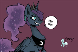 Size: 1280x853 | Tagged: safe, artist:detectivelame, princess luna, trixie, alicorn, pony, unicorn, dialogue, female, laughing, luna-afterdark, mare, nervous grin, nervous laugh, style emulation, vulgar