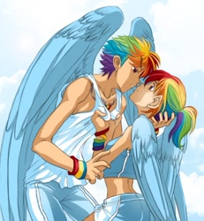 Size: 531x575 | Tagged: safe, artist:zoe-productions, rainbow blitz, rainbow dash, human, clothes, dashblitz, female, humanized, male, midriff, rule 63, self ponidox, selfcest, shipping, shorts, sports bra, sports shorts, straight, tanktop, winged humanization