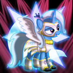 Size: 2000x2000 | Tagged: safe, artist:takamurakonata, derpibooru import, trixie, pony, unicorn, abstract background, artificial wings, augmented, clothes, female, lidded eyes, mare, open mouth, raised eyebrow, smiling, smirk, solo, spread wings, wings
