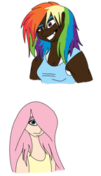 Size: 629x1091 | Tagged: safe, artist:100yearslater, fluttershy, rainbow dash, clothes, female, humanized, multicolored hair
