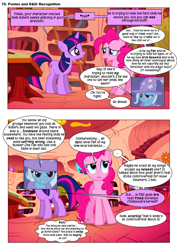 Size: 868x1228 | Tagged: safe, artist:dziadek1990, derpibooru import, edit, edited screencap, screencap, pinkie pie, trixie, twilight sparkle, oc, oc:pinka, earth pony, pony, comic:ponies and d&d, griffon the brush off, book, bookshelf, comic, conversation, critical failure, dialogue, dice, dungeons and dragons, emote story:ponies and d&d, epic fail, fail, fantasy class, golden oaks library, library, pen and paper rpg, rpg, screencap comic, slice of life, stairs, text