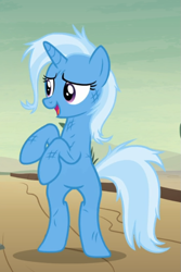 Size: 513x770 | Tagged: safe, derpibooru import, screencap, trixie, pony, unicorn, road to friendship, bipedal, cropped, female, mare, messy mane, open mouth, rearing, scratches, smiling, solo