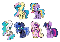 Size: 1280x887 | Tagged: safe, artist:purrling, princess cadance, princess celestia, princess gold lily, princess luna, princess sterling, twilight sparkle, twilight sparkle (alicorn), alicorn, pony, alicorn hexarchy, alicorn tetrarchy, chibi, png