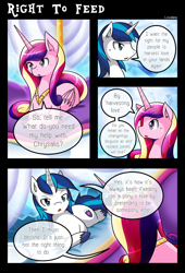 Size: 1500x2210 | Tagged: safe, artist:vavacung, princess cadance, queen chrysalis, shining armor, alicorn, changeling, changeling queen, pony, unicorn, comic:to love alicorn, comic, dialogue, prone, speech bubble