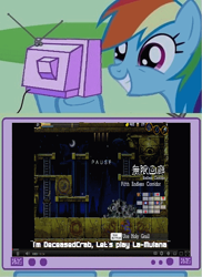 Size: 436x598 | Tagged: safe, rainbow dash, pegasus, pony, deceasedcrab, exploitable meme, la-mulana, let's play, meme, tv meme, youtube