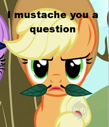 Size: 400x463 | Tagged: safe, screencap, applejack, earth pony, pony, secret of my excess, caption, hub logo, leaf moustache, moustache, pun