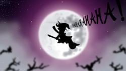 Size: 5760x3240 | Tagged: safe, artist:bronyhands, derpibooru import, trixie, pony, unicorn, broom, dead tree, dialogue, female, flying, flying broomstick, full moon, laughing, mare, mare in the moon, moon, night, night sky, open mouth, silhouette, solo, stars, trixie's cape, trixie's hat, witch