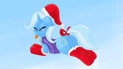 Size: 2697x1517 | Tagged: safe, artist:lkweb, derpibooru import, trixie, pony, unicorn, :p, blushing, christmas, clothes, dock, eyes closed, female, hat, mare, plot, prone, raspberry, santa hat, socks, solo, stockings, tail bow, tongue out, tsundere