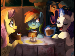 Size: 2000x1500 | Tagged: safe, artist:cuteskitty, fluttershy, rainbow dash, rarity, pegasus, pony, unicorn, cake, candle, dinner, food, night, table