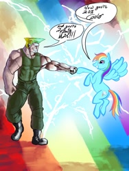 Size: 1800x2400 | Tagged: safe, artist:tofutiles, rainbow dash, pegasus, pony, crossover, guile, hoofbump, street fighter