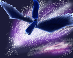 Size: 1024x819 | Tagged: safe, artist:mysterydashpony, princess luna, alicorn, pony, eyes closed, flying, solo, space, stars