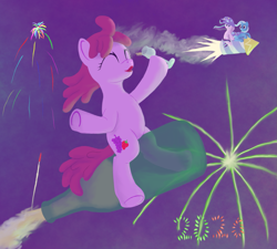 Size: 1233x1111 | Tagged: safe, artist:quint-t-w, derpibooru import, berry punch, berryshine, starlight glimmer, trixie, earth pony, pony, unicorn, 2020, bottle, cape, clothes, eyes closed, fireworks, flying, glass, hat, open mouth, pun in description, riding, rocket, smoke, toy interpretation, trixie's cape, trixie's hat, trixie's rocket, windswept mane