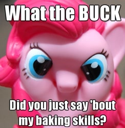 Size: 487x500 | Tagged: safe, pinkie pie, baking, image macro, irl, reaction image, real, scrunchy face, toy, wat