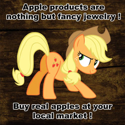 Size: 638x638 | Tagged: source needed, safe, applejack, earth pony, pony, apple, applebutt, appleplot, looking back, plot, presenting, solo, text