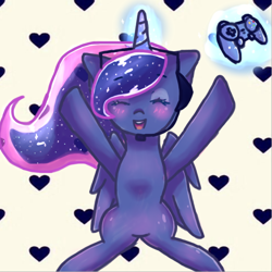 Size: 624x625 | Tagged: safe, artist:omidino123, princess luna, alicorn, pony, blushing, controller, eyes closed, gamer luna, headset, magic, sitting, solo, telekinesis