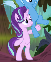 Size: 784x939 | Tagged: safe, derpibooru import, screencap, starlight glimmer, trixie, pony, unicorn, road to friendship, bipedal, cropped, duo, female, hoof on hip, mare, midair, smiling