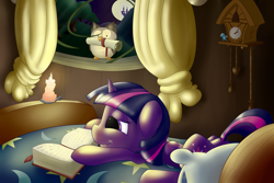 Size: 1024x683 | Tagged: safe, artist:solipsus, derpibooru import, owlowiscious, trixie, twilight sparkle, twilight sparkle (alicorn), alicorn, pony, bed, book, candle, female, mare, scroll