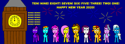 Size: 2836x1000 | Tagged: safe, derpibooru import, applejack, fluttershy, pinkie pie, rainbow dash, rarity, starlight glimmer, sunset shimmer, trixie, twilight sparkle, earth pony, pegasus, pony, unicorn, big ben, fireworks, happy new year, happy new year 2020, holiday, mane nine