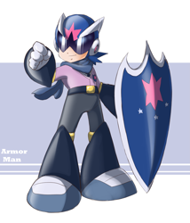 Size: 2665x3117 | Tagged: safe, artist:thegreatrouge, shining armor, equestria girls, friendship games, alumnus shining armor, armor, clothes, crossover, crystal prep academy, crystal prep shadowbolts, human coloration, megaman, proto man, shield, solo, visor