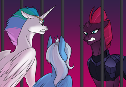 Size: 1200x825 | Tagged: safe, artist:foxenawolf, derpibooru import, tempest shadow, trixie, oc, oc:mark wells, fanfic:off the mark, my little pony: the movie, broken horn, cage, gritted teeth, horn, not celestia