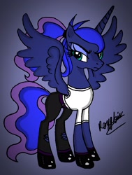Size: 2031x2693 | Tagged: safe, artist:darkest-lunar-flower, princess luna, alicorn, pony, clothes, looking at you, luna is not amused, outfit, shoes