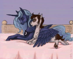 Size: 800x653 | Tagged: safe, artist:adeptus-monitus, pipsqueak, princess luna, alicorn, earth pony, pony, bed, eyes closed, female, future, looking at someone, lunapip, lying down, lying on bed, male, mare, mixed media, older, older pipsqueak, on bed, open mouth, prone, s1 luna, shipping, smiling, stallion, straight