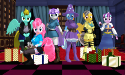 Size: 1280x768 | Tagged: safe, artist:ray670, derpibooru import, daring do, lightning dust, maud pie, pinkie pie, starlight glimmer, trixie, anthro, plantigrade anthro, 3d, christmas, clothes, dress, female, lesbian, mauxie, mmd, present, shipping