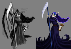 Size: 717x500 | Tagged: safe, artist:wwredgrave, princess luna, alicorn, pony, clothes, crossover, death (equine-morphic personification), discworld, grim reaper, hourglass, robe, scythe, skeleton