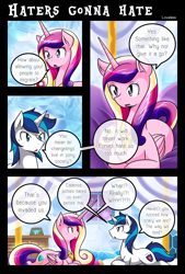 Size: 1500x2225 | Tagged: safe, artist:vavacung, princess cadance, queen chrysalis, shining armor, alicorn, changeling, changeling queen, pony, unicorn, comic:to love alicorn, comic, dialogue, prone, speech bubble